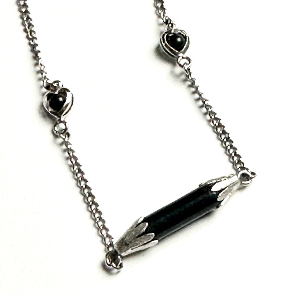 Onyx Silver Chain Necklace Bar & Heart Accents - Picture 3 of 6